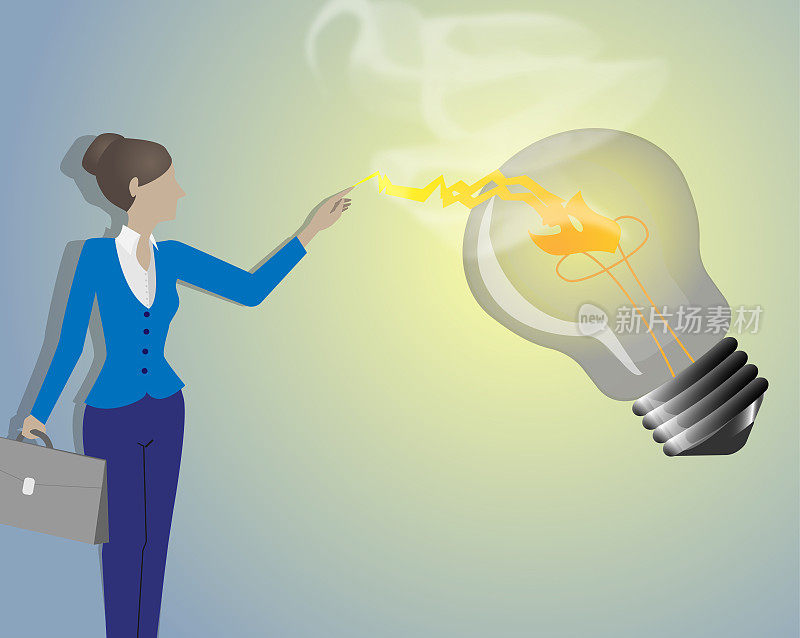 Business woman,pointing to light bulb as symbol of Idea word.